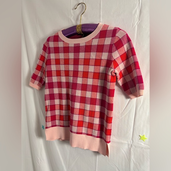 Ann Taylor Pink Red Purple Plaid Short Sleeve Sweater Top - Picture 13 of 14
